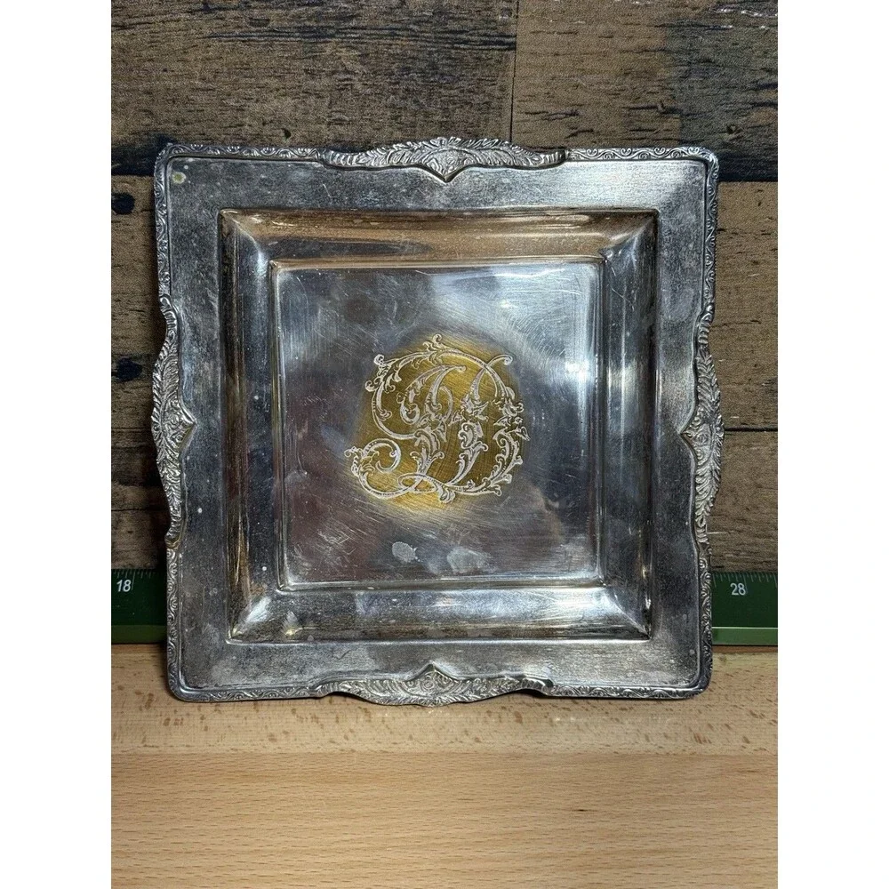 🔥ANTIQUE SILVER PLATED EMBOSSED CARD TRAY Monogram Square Footed 8” Patina